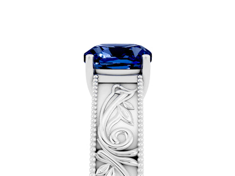 White gold Cushion Cut Blue Sapphire Solitaire Ring with Engraved Band and Four-Prong Setting_5