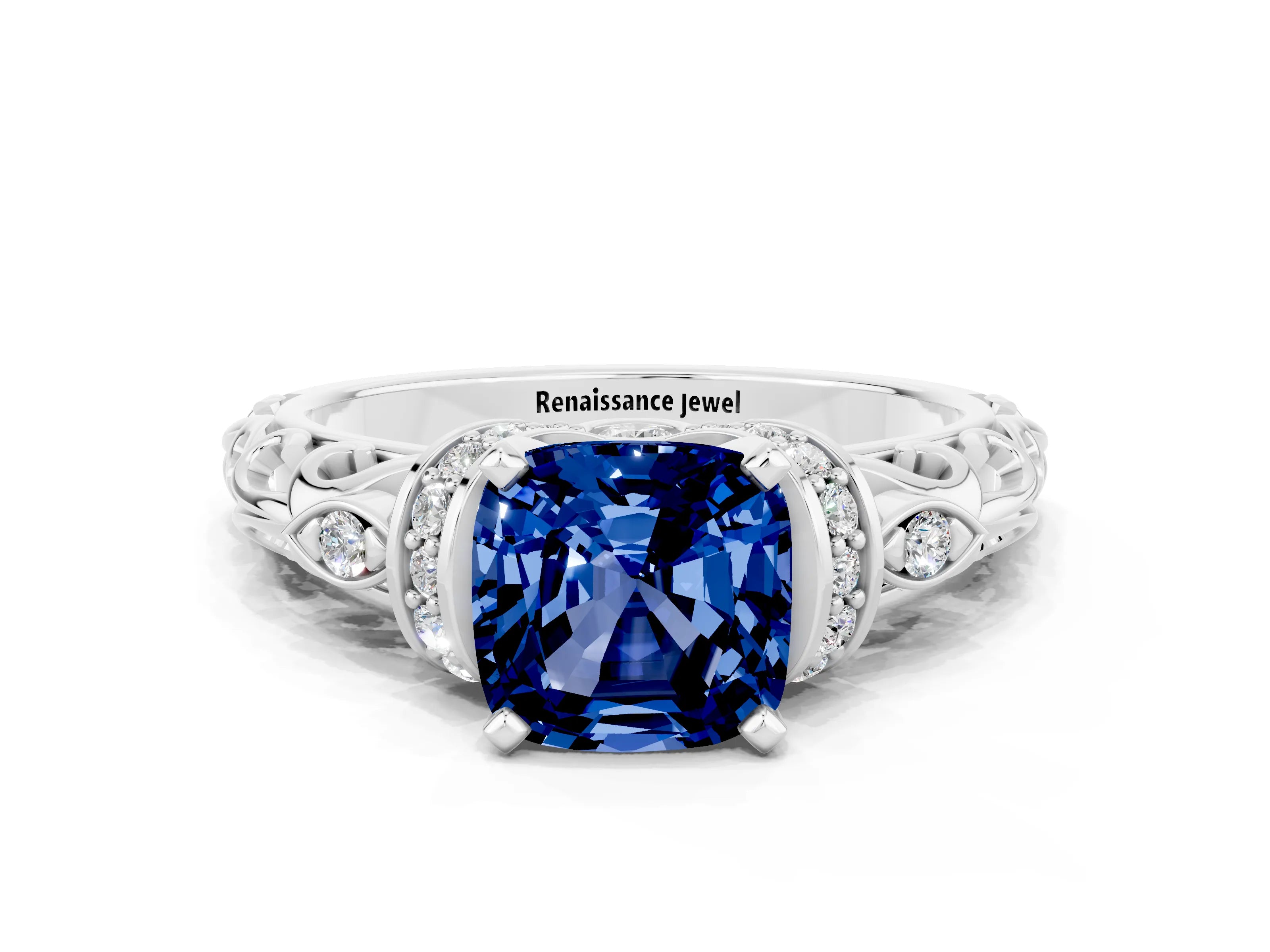 White gold Cushion Cut Blue Sapphire Solitaire Ring with Filigree Band and Four-Prong Setting_24