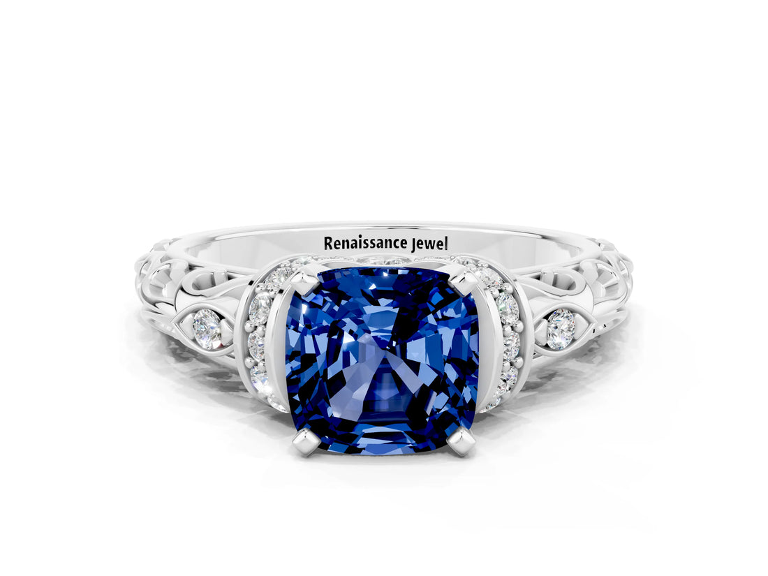 White gold Cushion Cut Blue Sapphire Solitaire Ring with Filigree Band and Four-Prong Setting_24