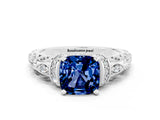 White gold Cushion Cut Blue Sapphire Solitaire Ring with Filigree Band and Four-Prong Setting_24
