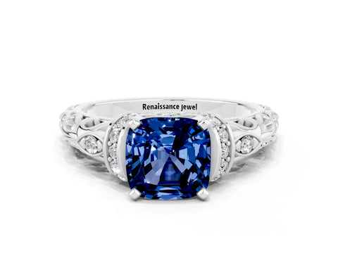 White gold Cushion Cut Blue Sapphire Solitaire Ring with Filigree Band and Four-Prong Setting_24