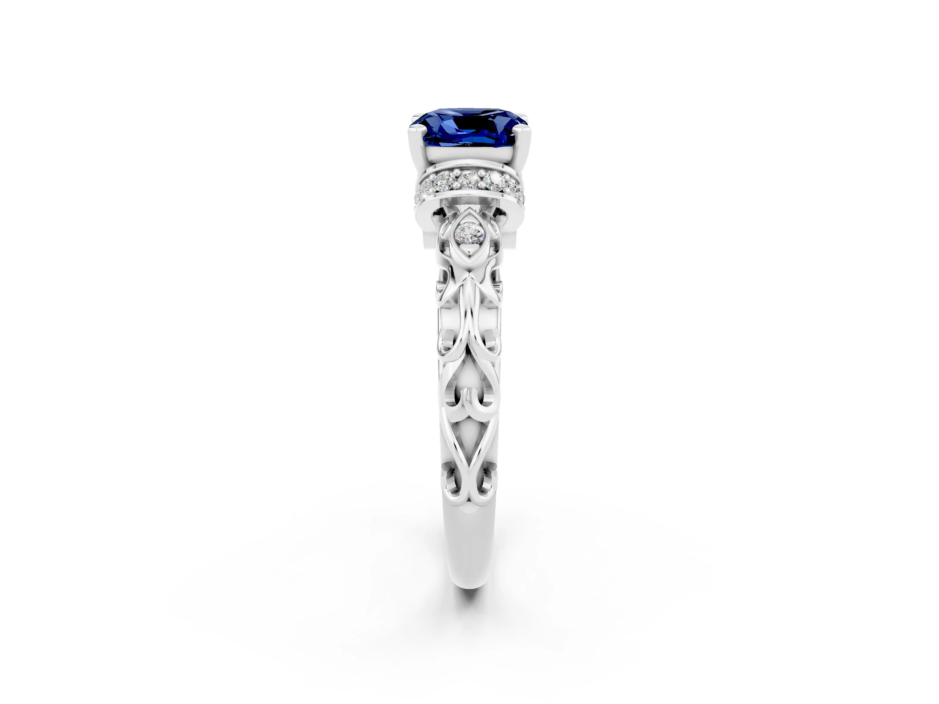 White gold Cushion Cut Blue Sapphire Solitaire Ring with Filigree Band and Four-Prong Setting_26
