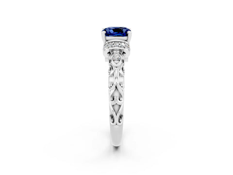 White gold Cushion Cut Blue Sapphire Solitaire Ring with Filigree Band and Four-Prong Setting_26