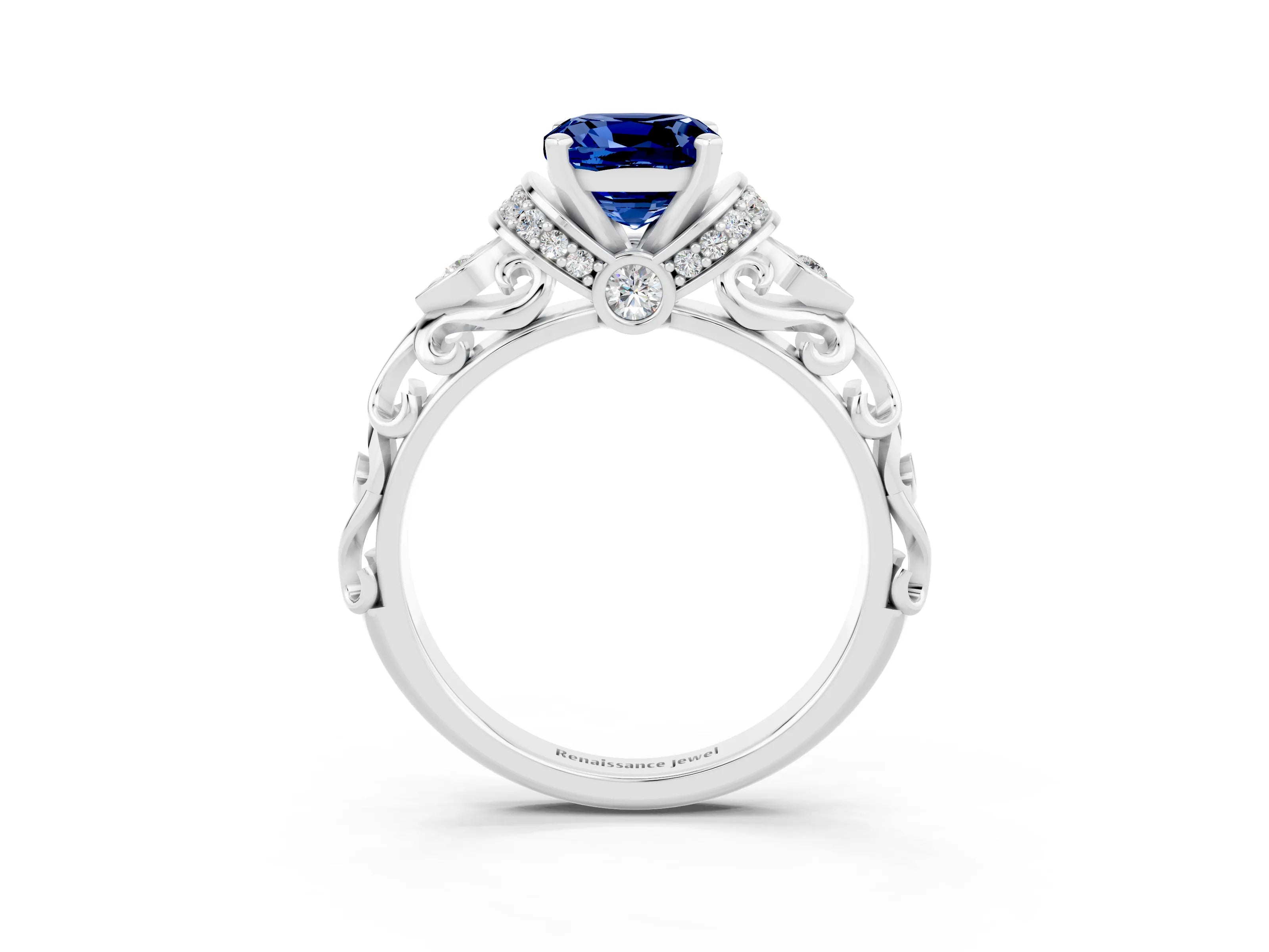 White gold Cushion Cut Blue Sapphire Solitaire Ring with Filigree Band and Four-Prong Setting_27