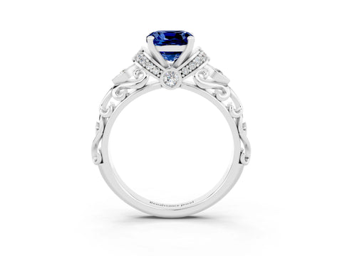 White gold Cushion Cut Blue Sapphire Solitaire Ring with Filigree Band and Four-Prong Setting_27