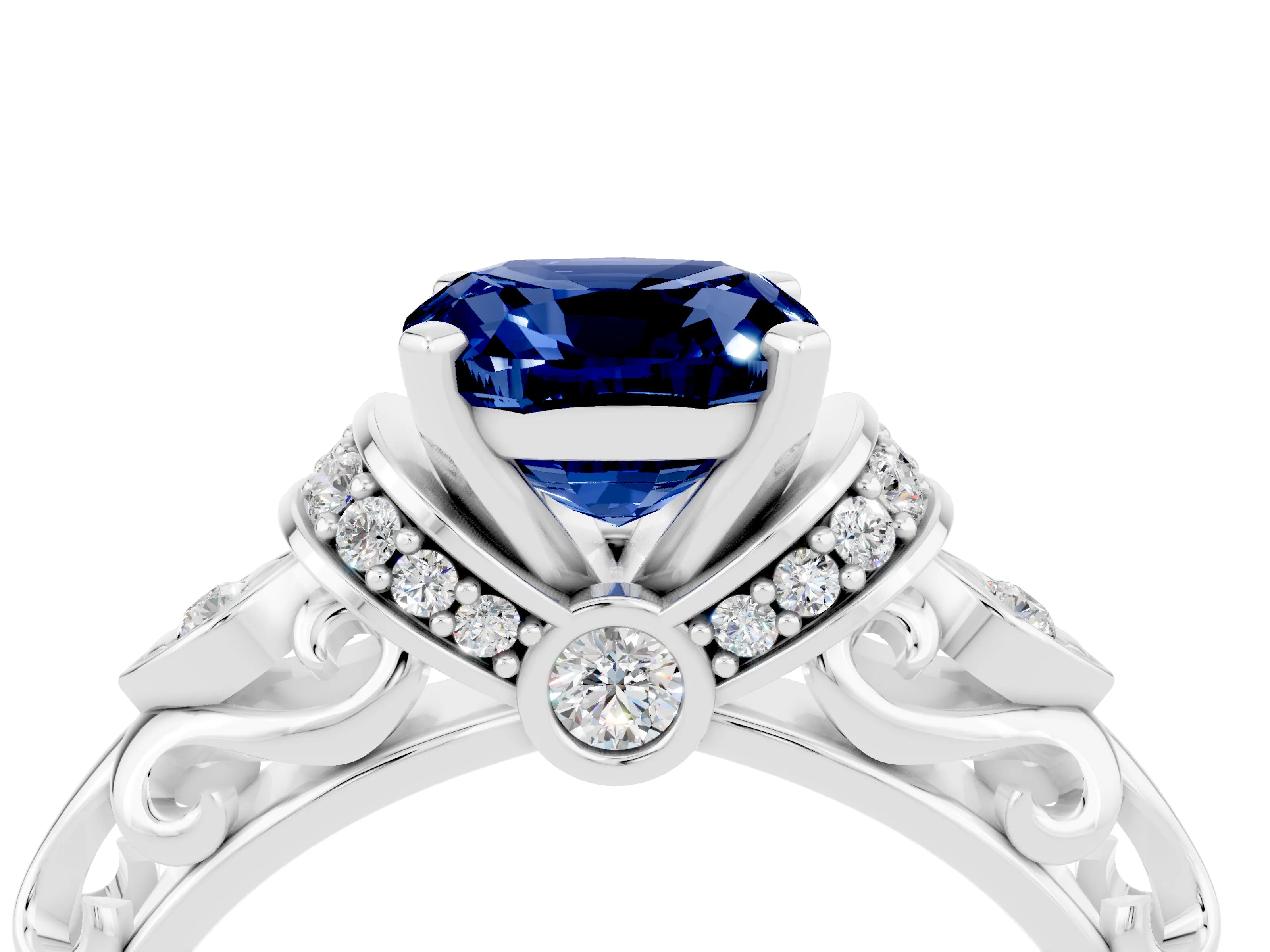 White gold Cushion Cut Blue Sapphire Solitaire Ring with Filigree Band and Four-Prong Setting_28