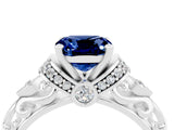White gold Cushion Cut Blue Sapphire Solitaire Ring with Filigree Band and Four-Prong Setting_28