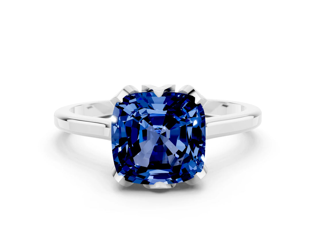White gold Cushion Cut Blue Sapphire Solitaire Ring with Flower Prong Setting and Classic Band_12