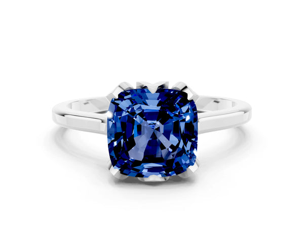 White gold Cushion Cut Blue Sapphire Solitaire Ring with Flower Prong Setting and Classic Band