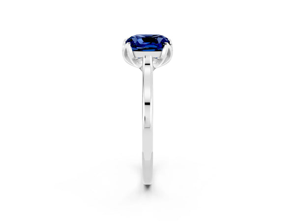 Platinum Cushion Cut Blue Sapphire Solitaire Ring with Flower Prong Setting and Classic Band