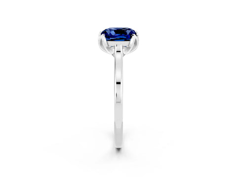 White gold Cushion Cut Blue Sapphire Solitaire Ring with Flower Prong Setting and Classic Band_14