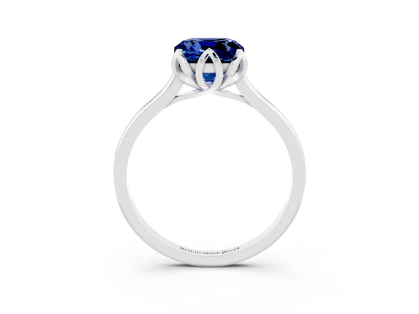 White gold Cushion Cut Blue Sapphire Solitaire Ring with Flower Prong Setting and Classic Band
