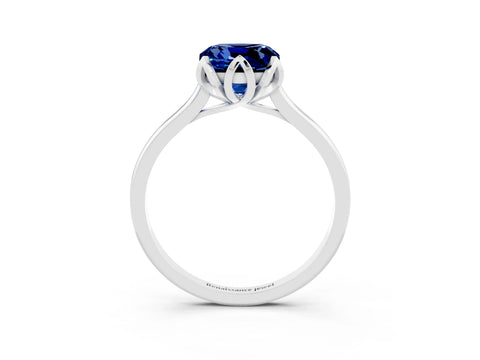 White gold Cushion Cut Blue Sapphire Solitaire Ring with Flower Prong Setting and Classic Band_15