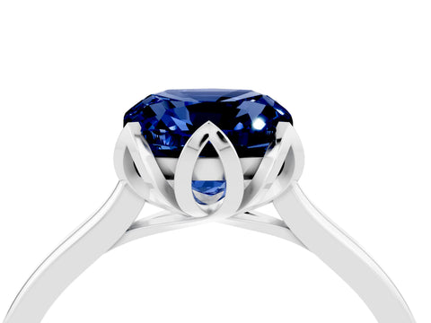 White gold Cushion Cut Blue Sapphire Solitaire Ring with Flower Prong Setting and Classic Band_16