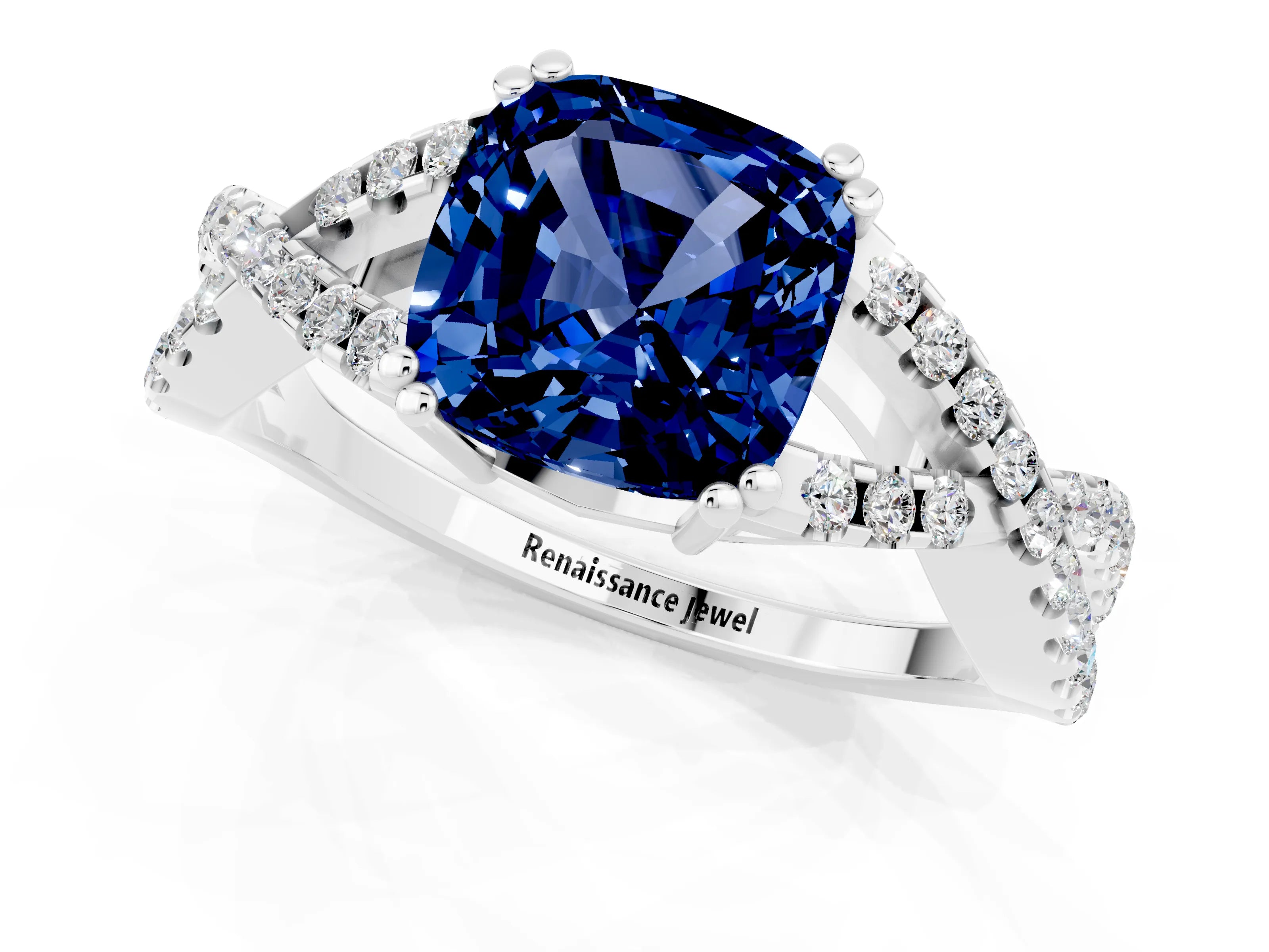 White gold Cushion Cut Blue Sapphire Solitaire Ring with Four-Prong Setting and Twisted Pavé Band_1