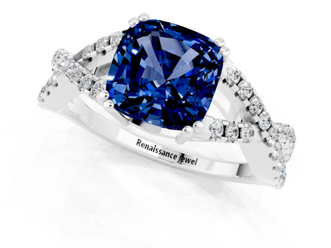 White gold Cushion Cut Blue Sapphire Solitaire Ring with Four-Prong Setting and Twisted Pavé Band_1