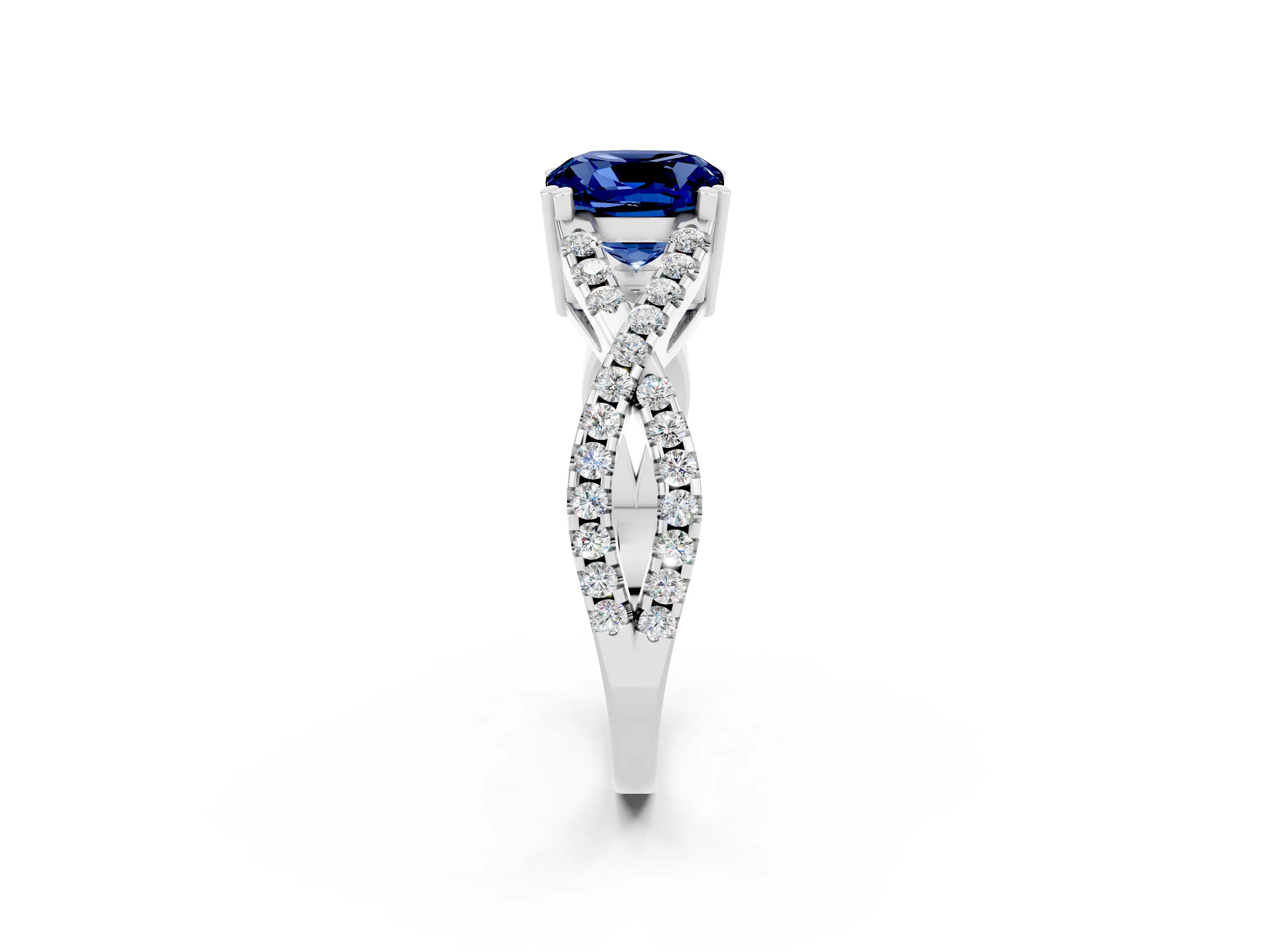 White gold Cushion Cut Blue Sapphire Solitaire Ring with Four-Prong Setting and Twisted Pavé Band_2