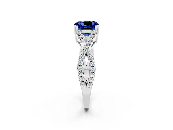 Platinum Cushion Cut Blue Sapphire Solitaire Ring with Four-Prong Setting and Twisted Pavé Band