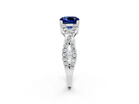White gold Cushion Cut Blue Sapphire Solitaire Ring with Four-Prong Setting and Twisted Pavé Band_2