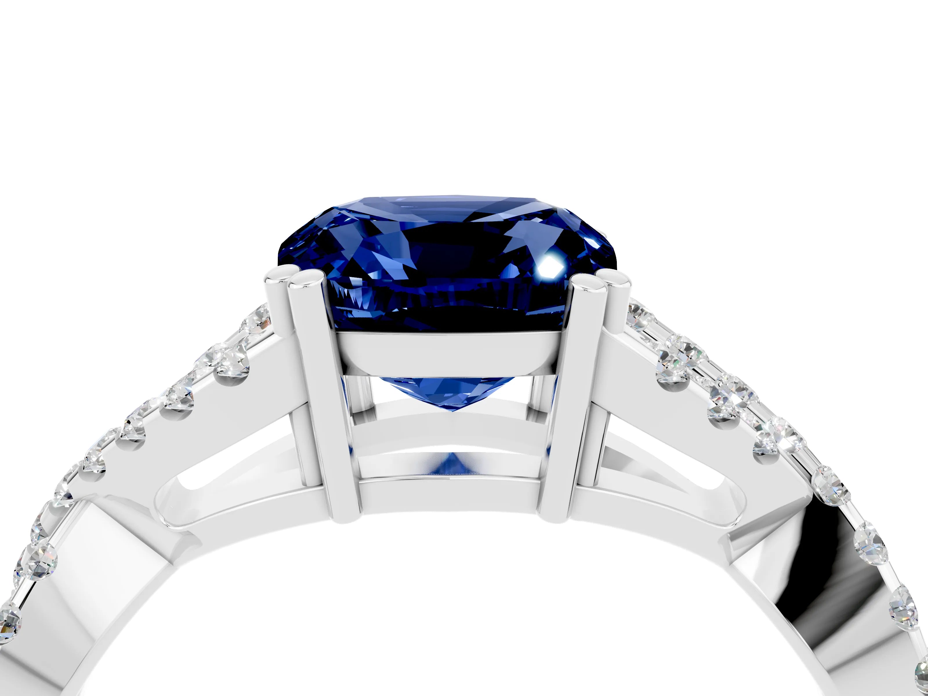 White gold Cushion Cut Blue Sapphire Solitaire Ring with Four-Prong Setting and Twisted Pavé Band_4