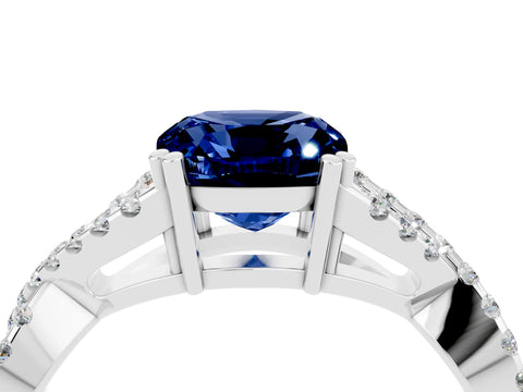 White gold Cushion Cut Blue Sapphire Solitaire Ring with Four-Prong Setting and Twisted Pavé Band_4