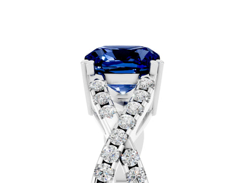 White gold Cushion Cut Blue Sapphire Solitaire Ring with Four-Prong Setting and Twisted Pavé Band_5