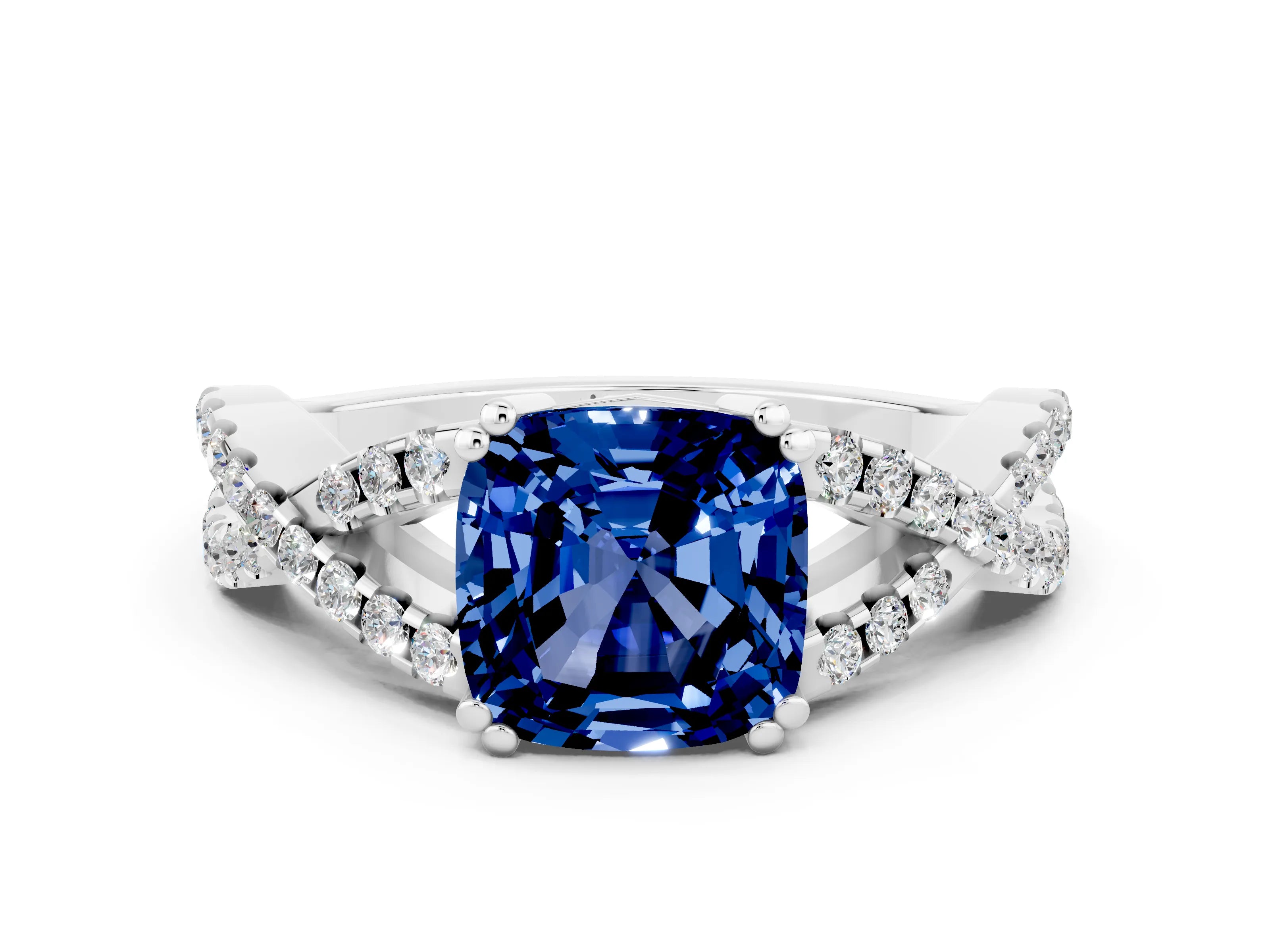 White gold Cushion Cut Blue Sapphire Solitaire Ring with Four-Prong Setting and Twisted Pavé Band
