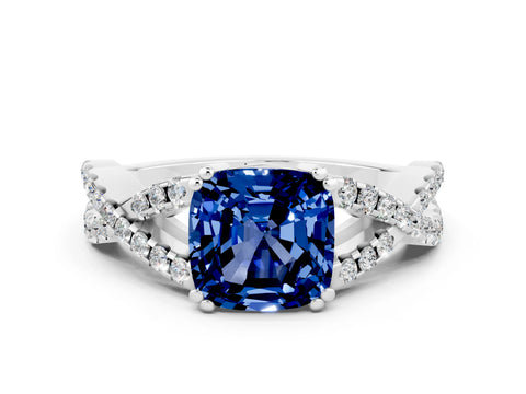 White gold Cushion Cut Blue Sapphire Solitaire Ring with Four-Prong Setting and Twisted Pavé Band
