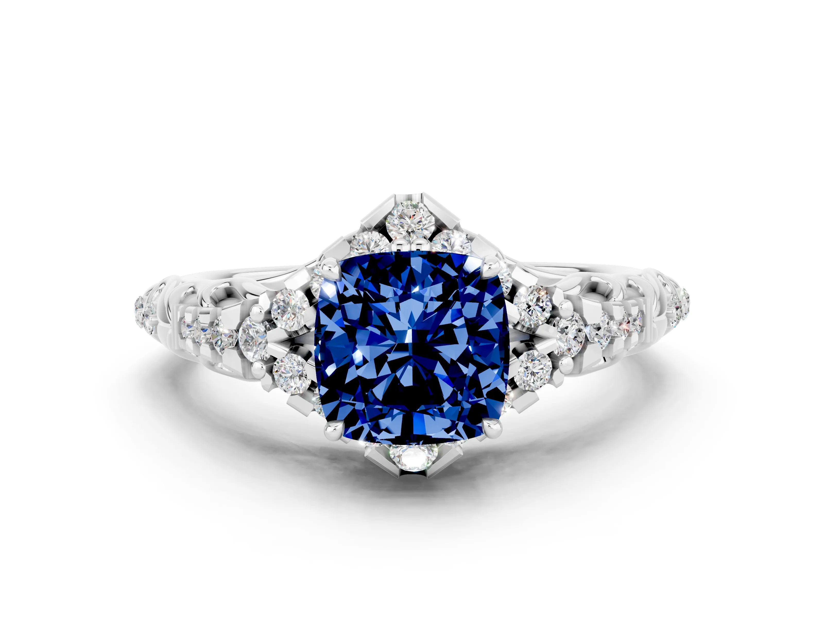 White gold Cushion Cut Blue Sapphire Solitaire Ring with Hidden Halo and Pavé Band_12