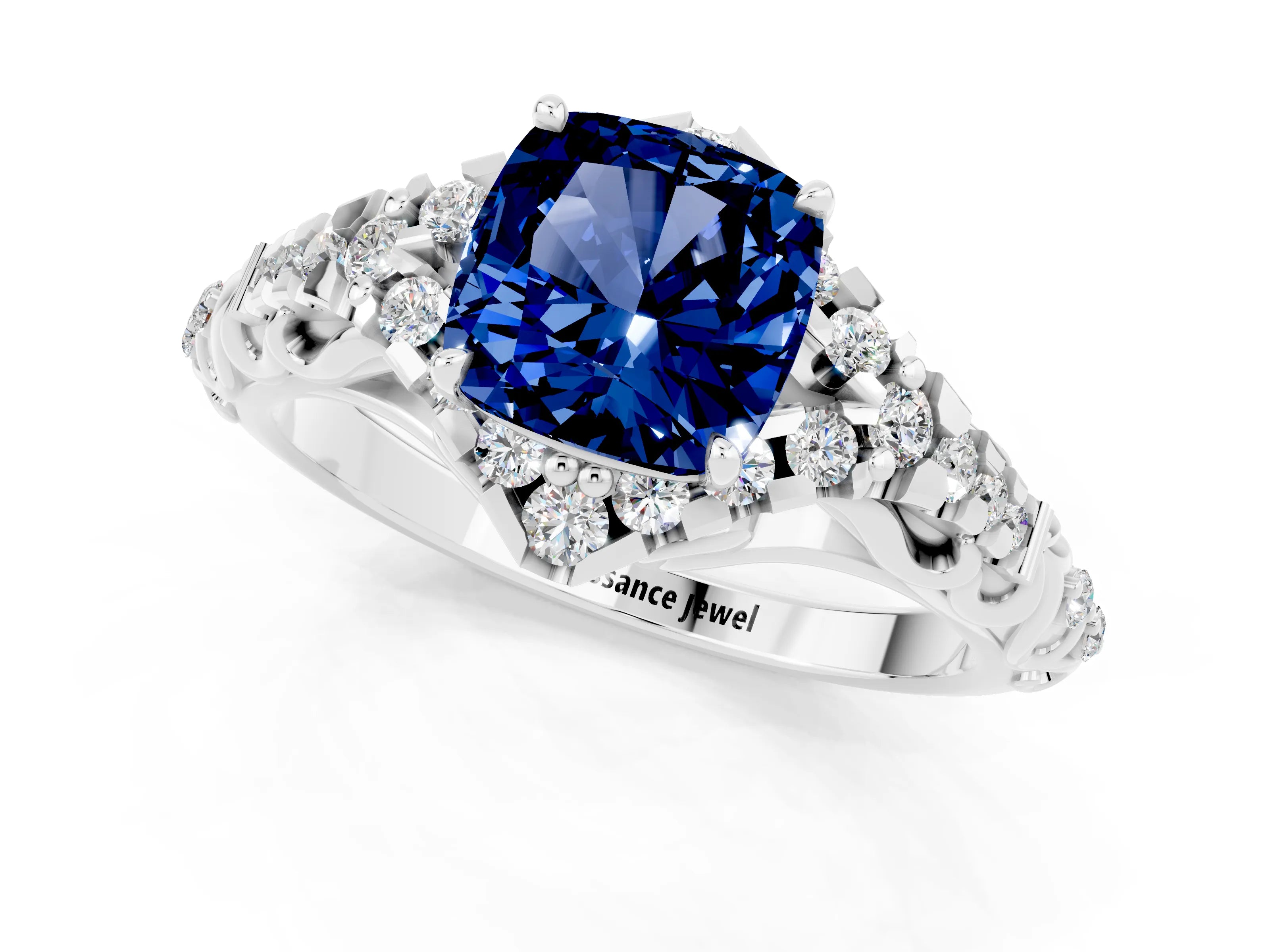White gold Cushion Cut Blue Sapphire Solitaire Ring with Hidden Halo and Pavé Band_13