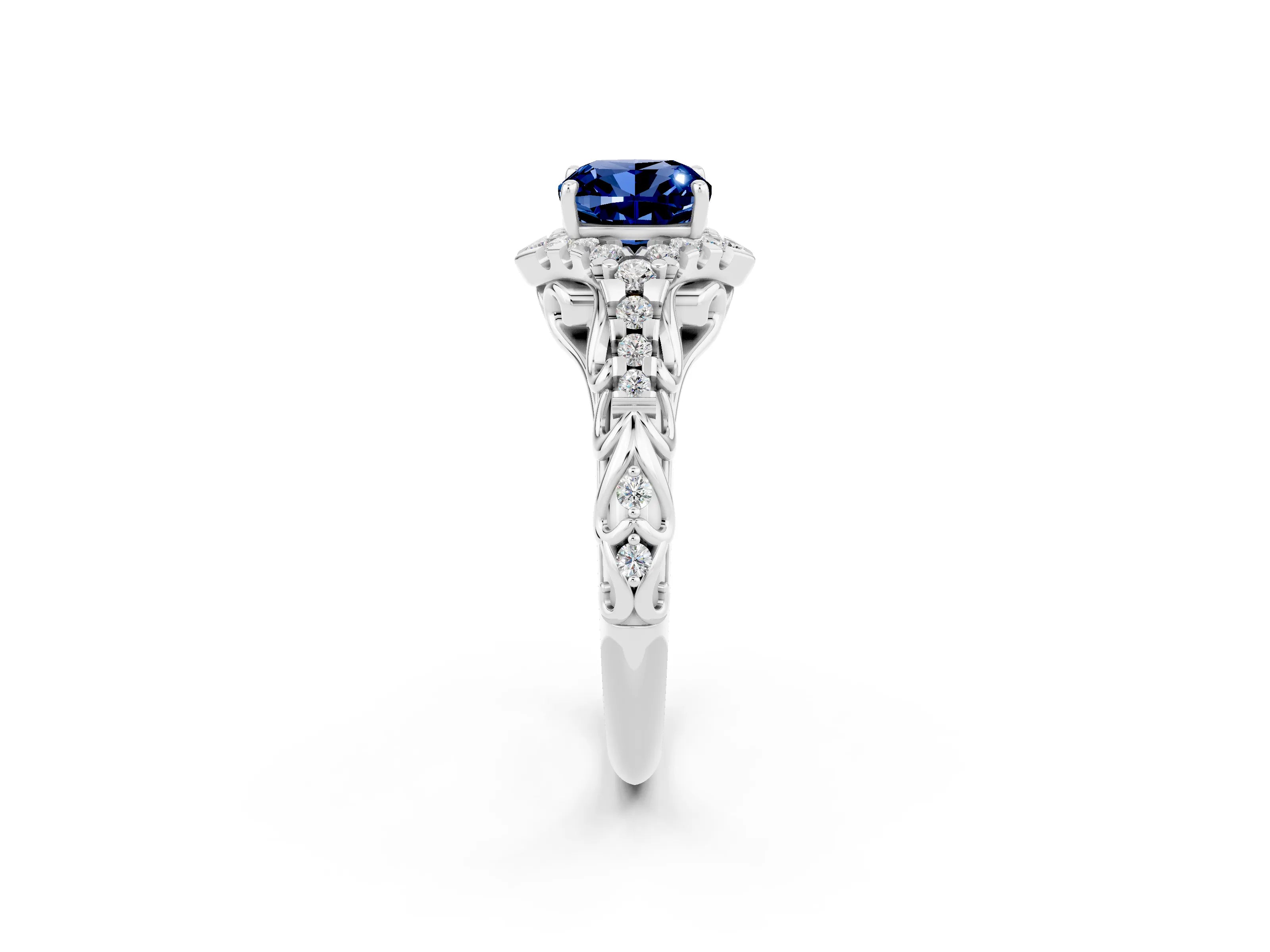 White gold Cushion Cut Blue Sapphire Solitaire Ring with Hidden Halo and Pavé Band_14