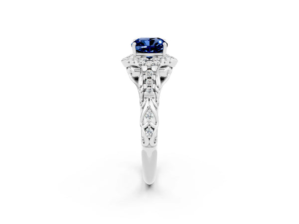White gold Cushion Cut Blue Sapphire Solitaire Ring with Hidden Halo and Pavé Band
