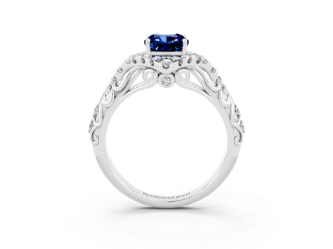 White gold Cushion Cut Blue Sapphire Solitaire Ring with Hidden Halo and Pavé Band_15