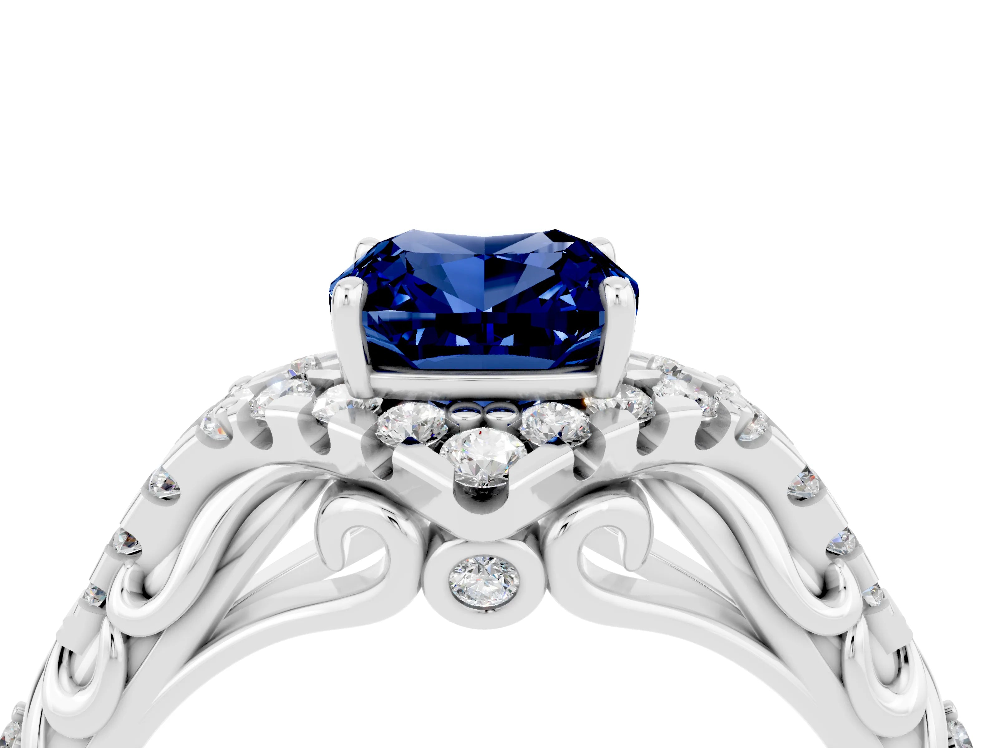 White gold Cushion Cut Blue Sapphire Solitaire Ring with Hidden Halo and Pavé Band_16