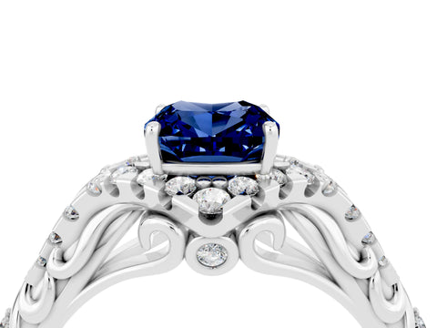 White gold Cushion Cut Blue Sapphire Solitaire Ring with Hidden Halo and Pavé Band_16