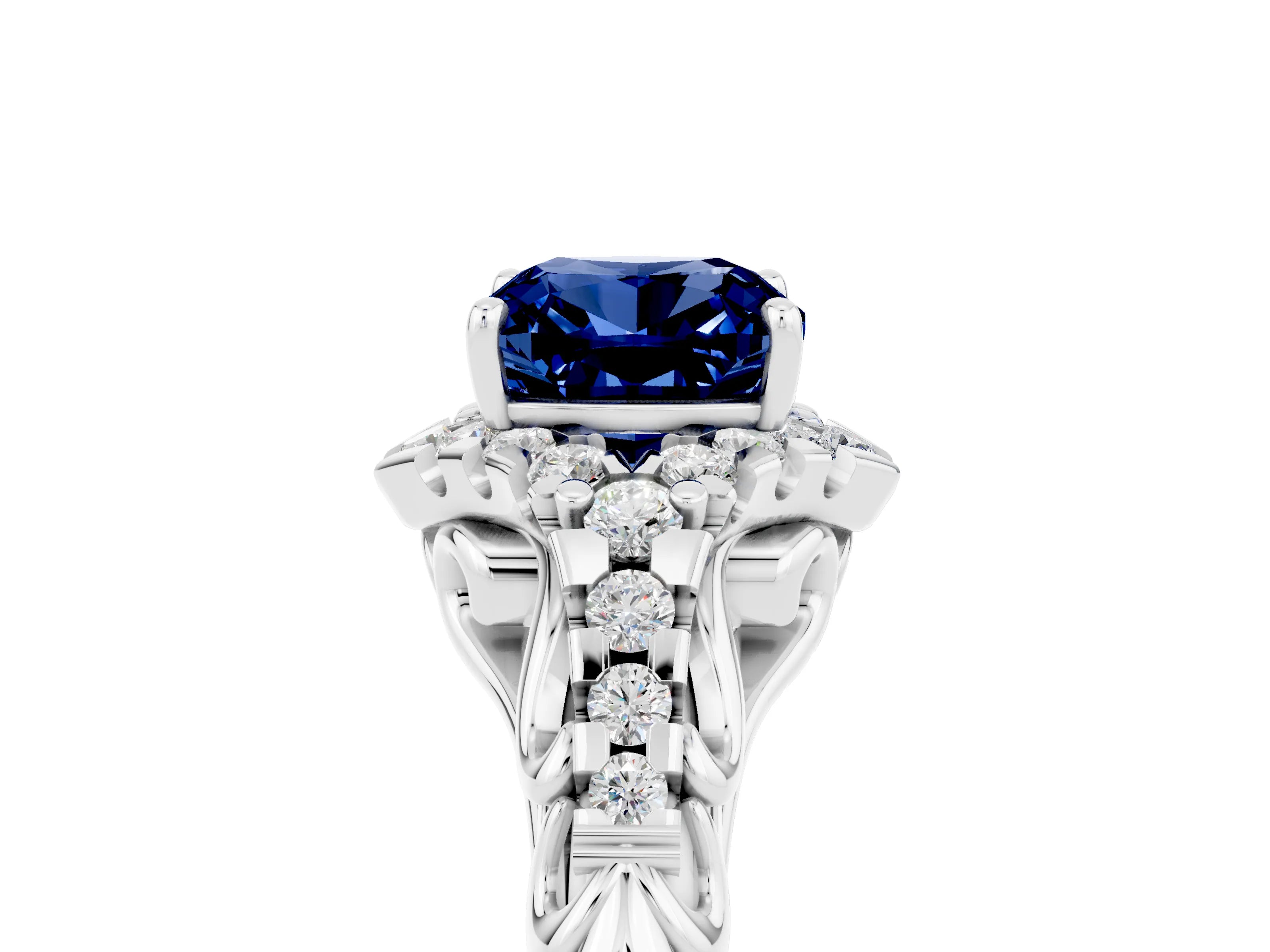 White gold Cushion Cut Blue Sapphire Solitaire Ring with Hidden Halo and Pavé Band_17