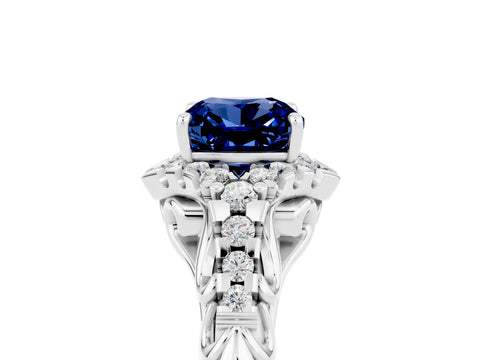 White gold Cushion Cut Blue Sapphire Solitaire Ring with Hidden Halo and Pavé Band_17