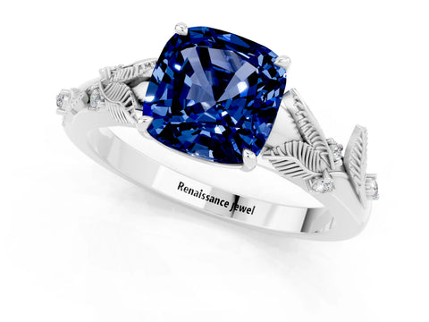 White gold Cushion Cut Blue Sapphire Solitaire Ring with Leaf Motif Band and Four-Prong Setting_11