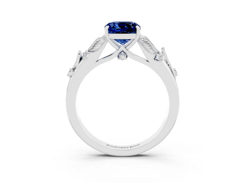 White gold Cushion Cut Blue Sapphire Solitaire Ring with Leaf Motif Band and Four-Prong Setting_13
