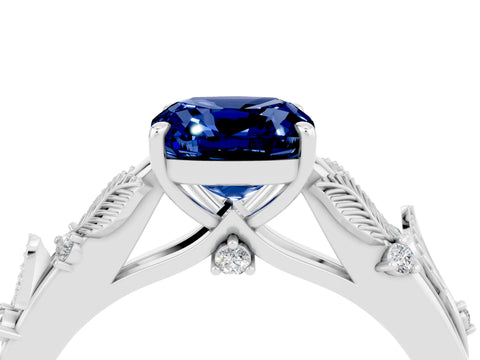 White gold Cushion Cut Blue Sapphire Solitaire Ring with Leaf Motif Band and Four-Prong Setting_14