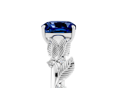 White gold Cushion Cut Blue Sapphire Solitaire Ring with Leaf Motif Band and Four-Prong Setting_15