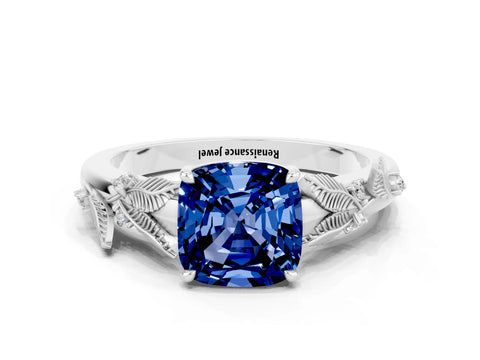 White gold Cushion Cut Blue Sapphire Solitaire Ring with Leaf Motif Band and Four-Prong Setting_22