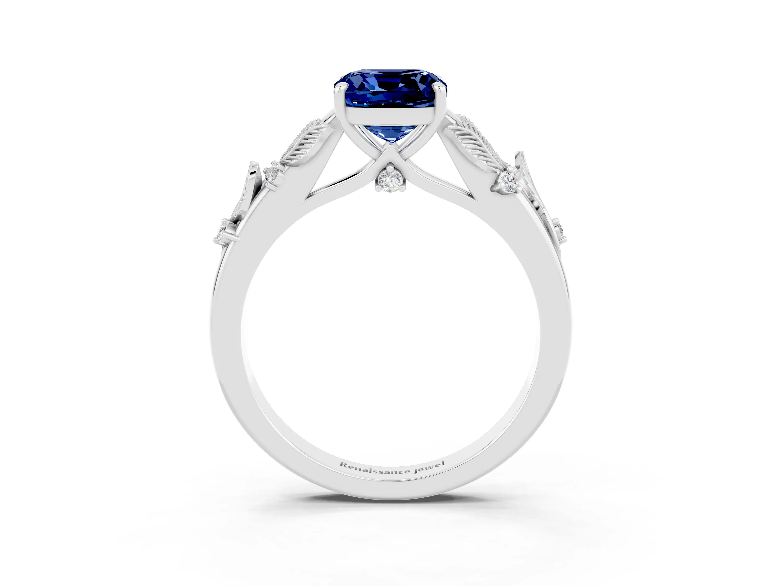 White gold Cushion Cut Blue Sapphire Solitaire Ring with Leaf Motif Band and Four-Prong Setting_3