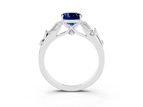 White gold Cushion Cut Blue Sapphire Solitaire Ring with Leaf Motif Band and Four-Prong Setting_3