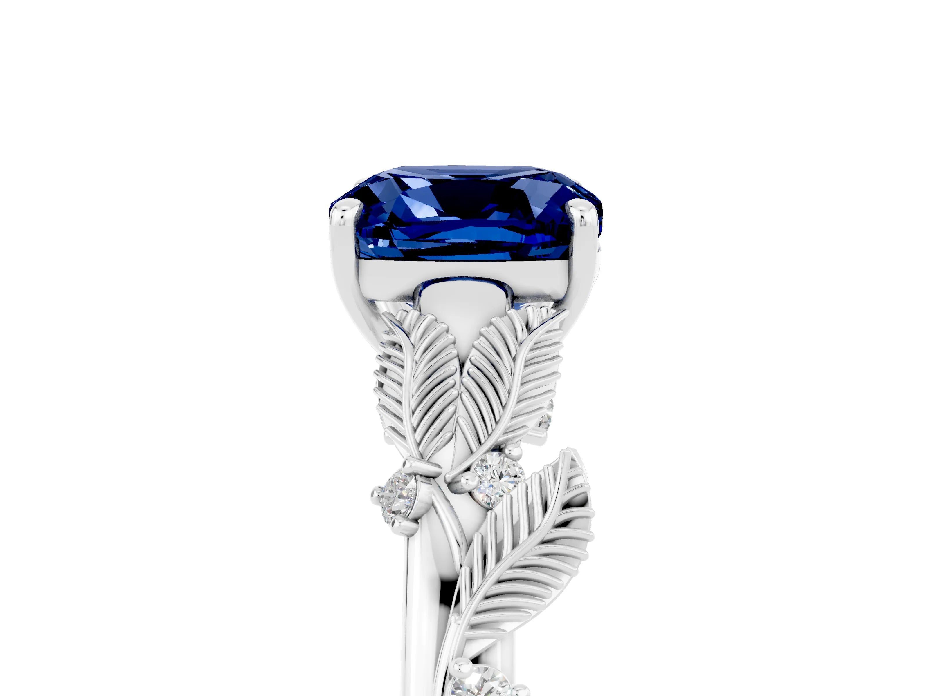 White gold Cushion Cut Blue Sapphire Solitaire Ring with Leaf Motif Band and Four-Prong Setting_5