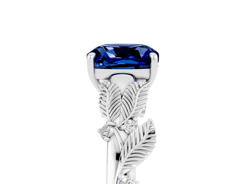 White gold Cushion Cut Blue Sapphire Solitaire Ring with Leaf Motif Band and Four-Prong Setting_5