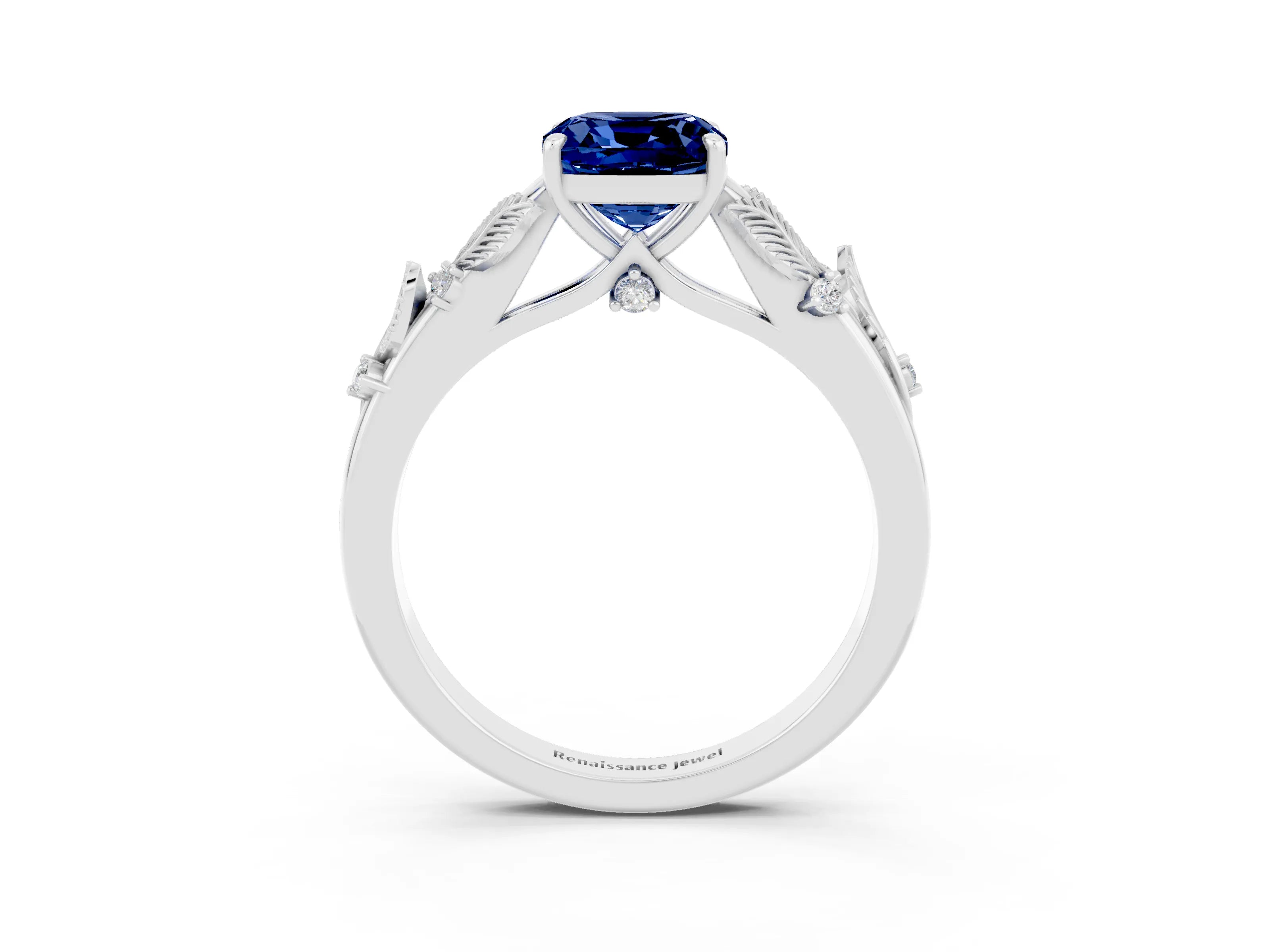 White gold Cushion Cut Blue Sapphire Solitaire Ring with Leaf Motif Band and Four-Prong Setting_9