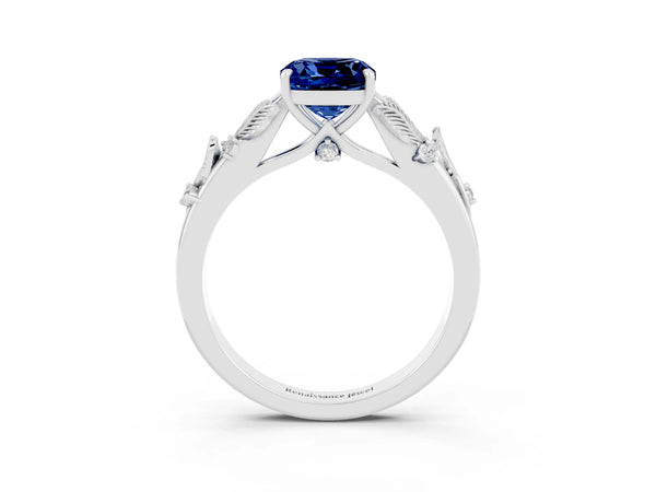 Silver Cushion Cut Blue Sapphire Solitaire Ring with Leaf Motif Band and Four-Prong Setting