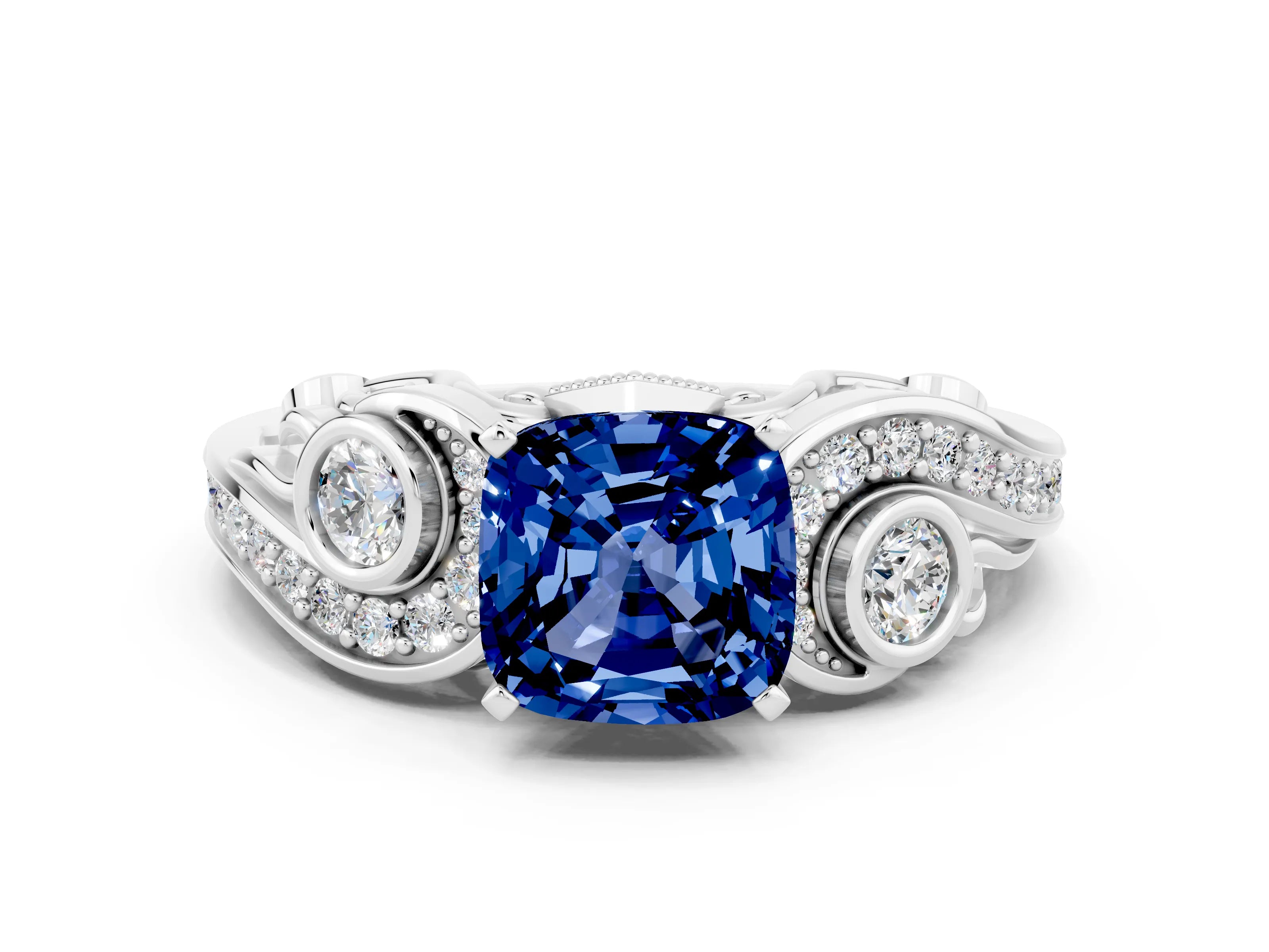 White gold Cushion Cut Blue Sapphire Solitaire Ring with Milgrain Pavé Band and Four-Prong Setting_12