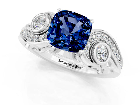 White gold Cushion Cut Blue Sapphire Solitaire Ring with Milgrain Pavé Band and Four-Prong Setting_13
